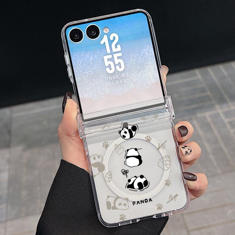 Милый Чехол с Принтом Панды для Samsung Z Flip 8 7 FE 6 5, Магнитный Прозрачный Жесткий ПК Складной Чехол для Телефона для Galaxy Z Flip8 Flip7 Flip6