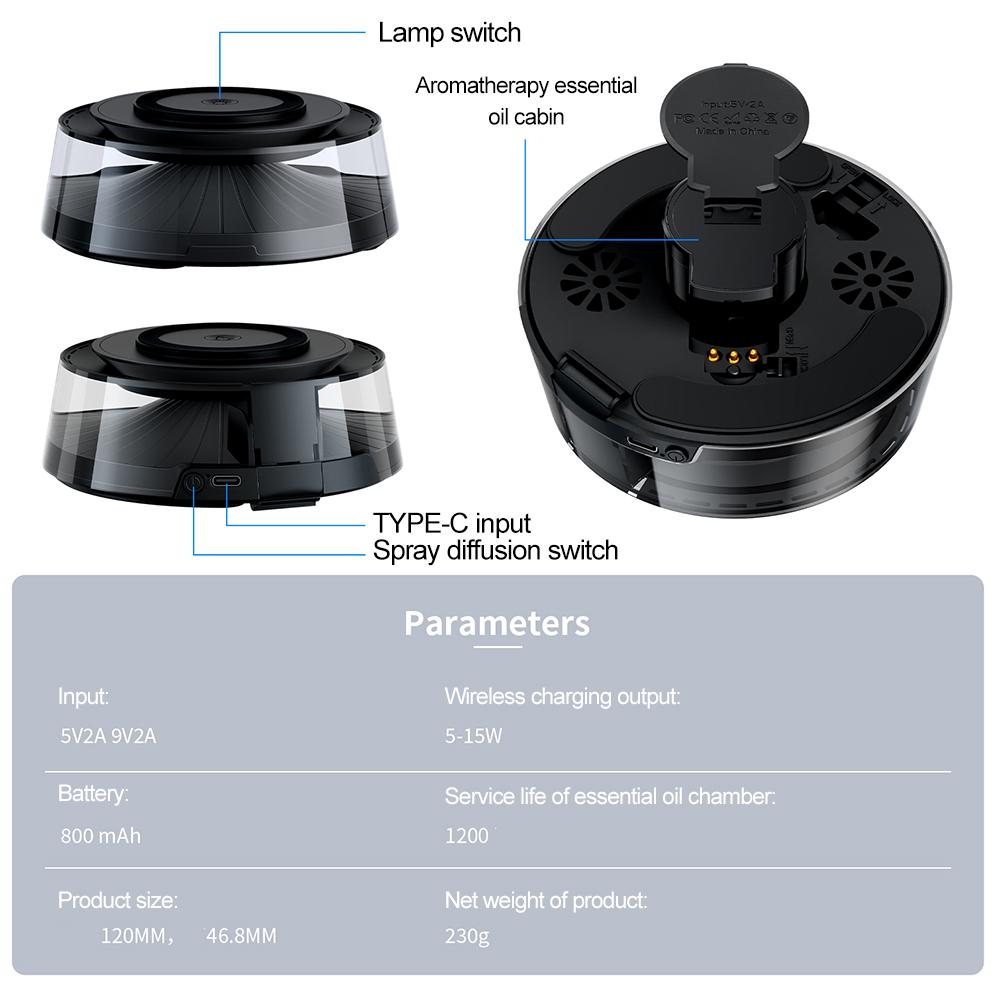 Магнитное беспроводное зарядное устройство, ароматерапевтический диффузор, автомобильный диффузор с подсветкой для iPhone, Huawei, Xiaomi, быстрое зарядное устройство мощностью 15 Вт