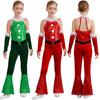Girl Christmas Costume One Piece Sleeveless Velvet Bodysuit Plush Sequins Flared Jumpsuit Arm Sleeve Set