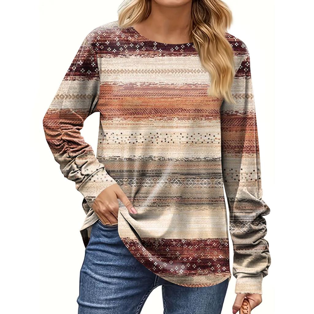 Women's Fashion Casual Long Sleeve Print Round Neck Pullover Top Blouse
