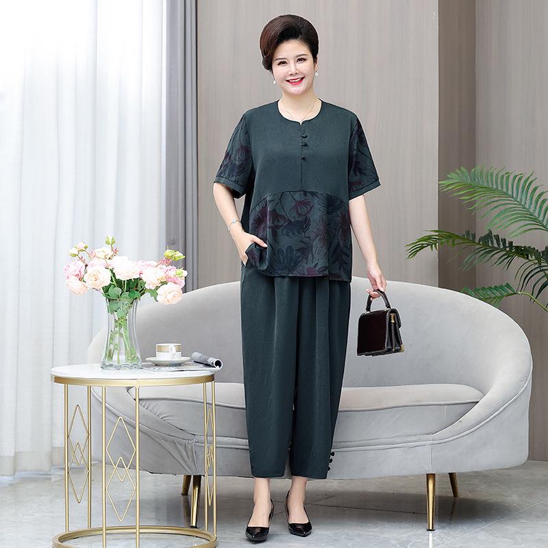 Летний комплект больших размеров с коротким рукавом для женщин среднего и пожилого возраста - Свободный облегающий костюм-двойка