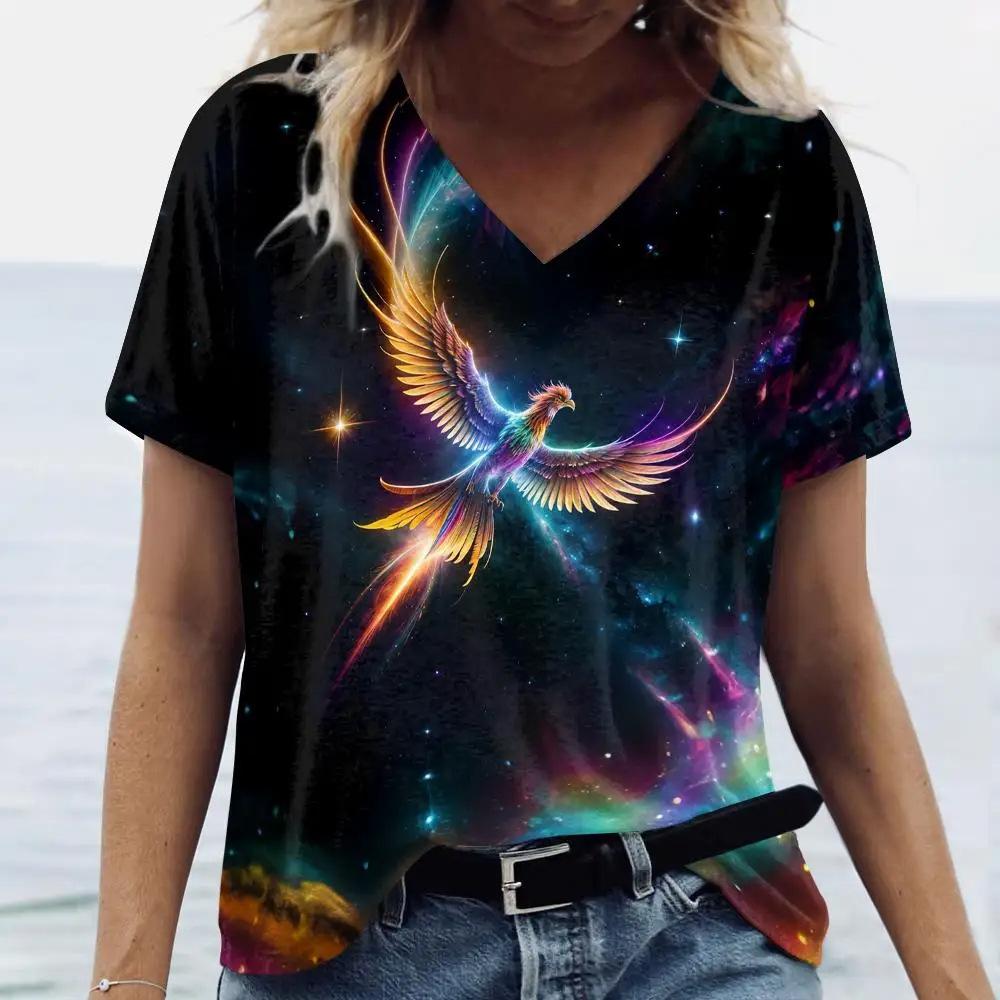 Летняя мода птица попугай 3D принт футболки женские V-образный вырез короткий рукав футболка Y2k топы футболки свободные Harajuku женская одежда