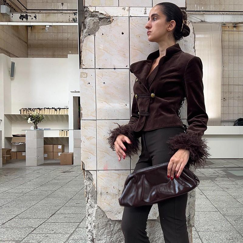 Vintage Velvet Blazer Women Detachable Sleeves Double Breasted Fitted Waist Short Length Fall Winter