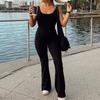 Women Summer Jumpsuit Sleeveless Skinny Elastic Soft Solid Color Butt-lifted Tight High Waist Flared Hem Backless Hollow Out Lady Sports Jumpsuit