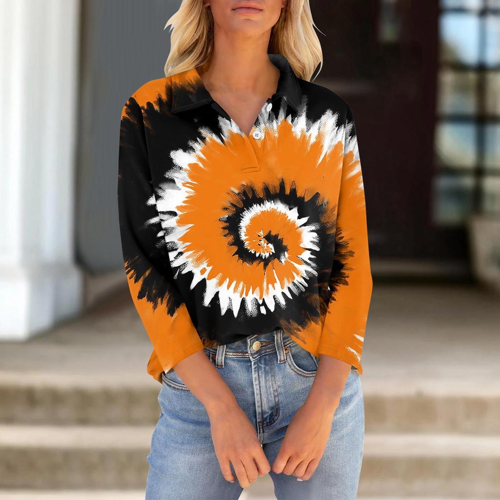 Женская футболка с рукавами семь четвертей, V-образным вырезом, застегивающаяся на пуговицы, с принтом свободного кроя на Хэллоуин