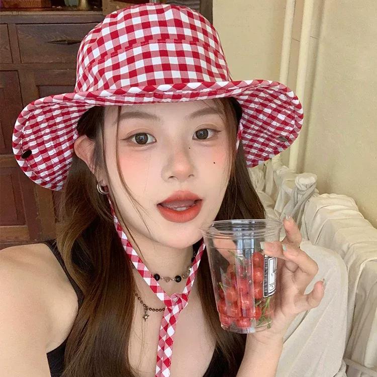 WTEMPO Элегантные повседневные универсальные шляпы с клетчатым узором и ветрозащитной веревкой, женские летние широкополые шляпы для отдыха на природе