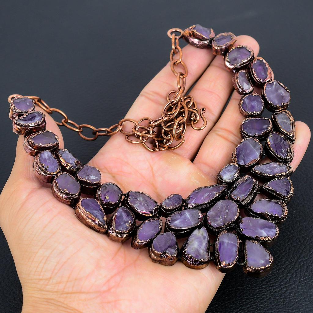 Аметистовое ожерелье, ювелирное украшение из драгоценного камня, ожерелье из электроформованной меди, подарок для женщин, ожерелье ручной работы