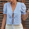 Женская мода повседневная летняя весна клетчатый принт короткий рукав V-образный вырез блузки и рубашки