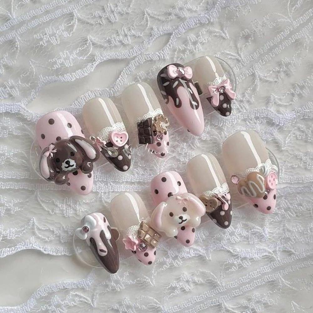 Handmade 3D Cute Rabbit Cat Pink Chocolate Dessert Cream Cartoon Almond Shaped Press On Nails Art Stickers