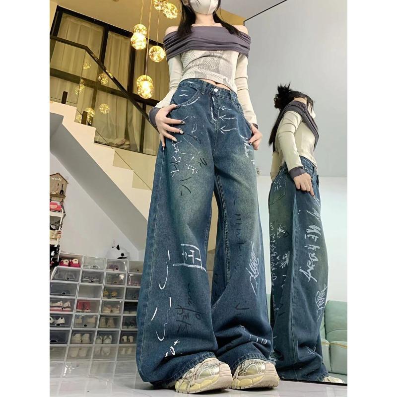 Граффити с принтом джинсы свободные прямые широкие брюки в уличном стиле женские длинные винтажные американские брюки Y2k с высокой талией