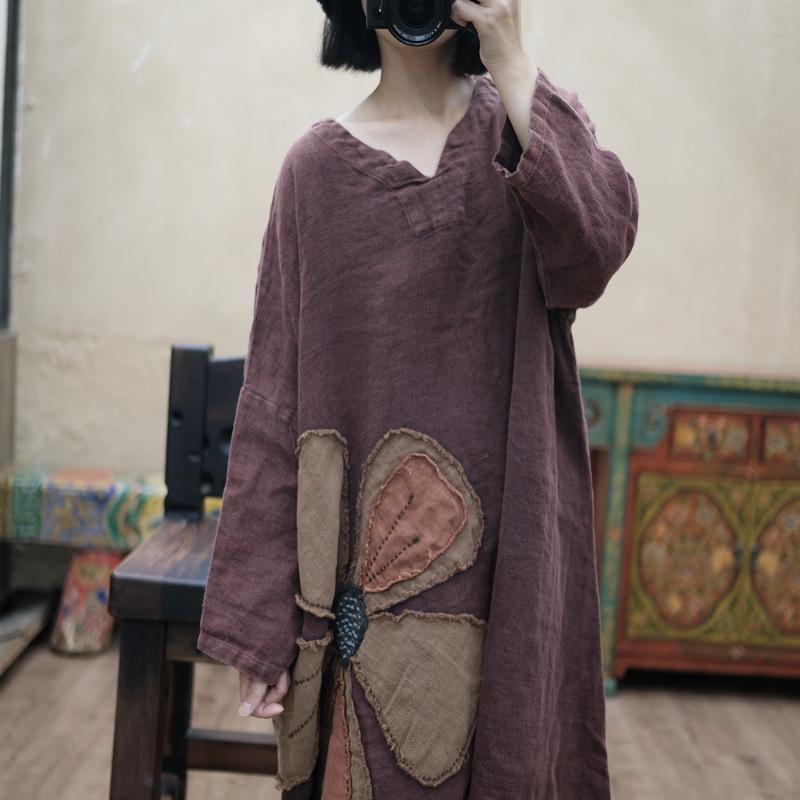 Винтажное красное свободное льняное платье с вышивкой в виде снежинок в стиле дзен (1998)