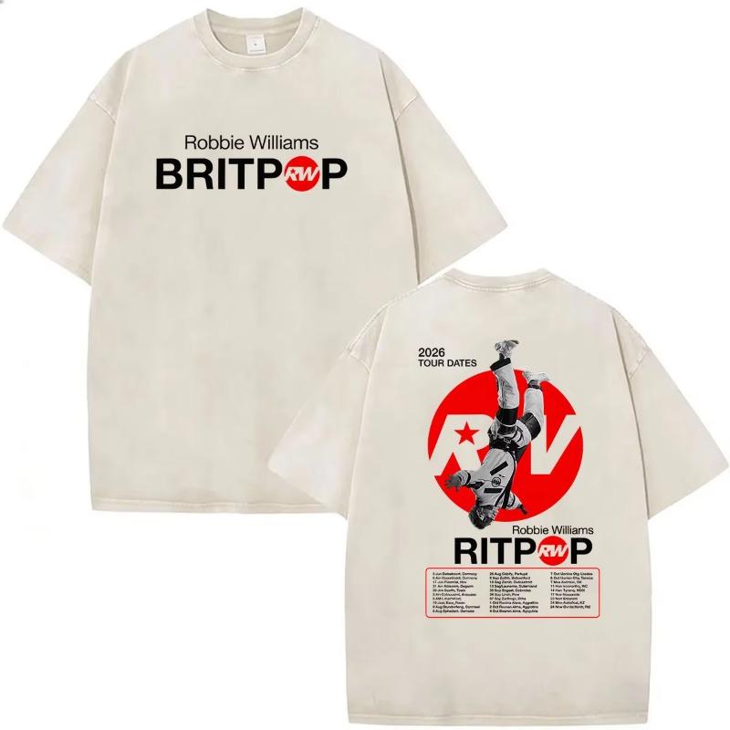 Винтажная стираная футболка Robbie Williams BRITPOP Tour 2026 Двусторонняя мужская и женская одежда Мода Высококачественные хлопковые футболки