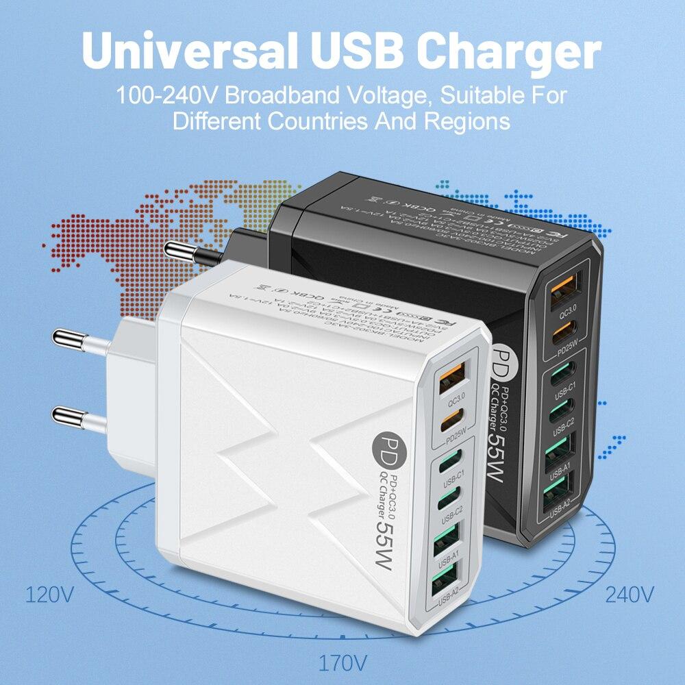 6 в 1 55 Вт PD USB зарядное устройство Быстрая зарядка Quick Charge 3.0 дорожное зарядное устройство для iPhone Samsung Xiaomi зарядное устройство для мобильных телефонов
