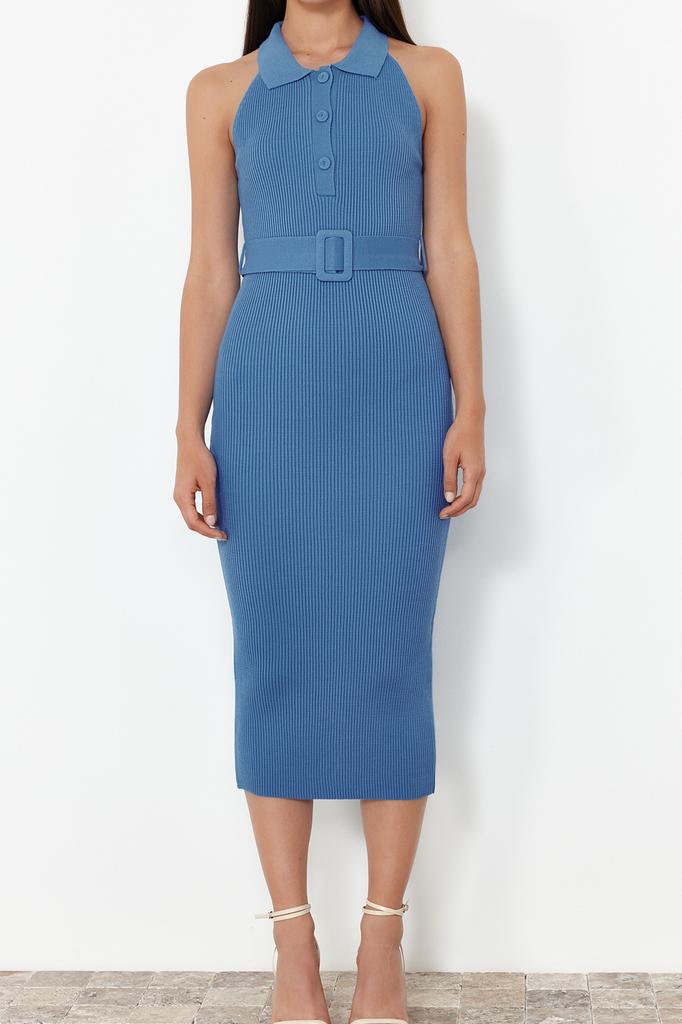 Women's Fashion New Dress Green Plain Belt Detailed