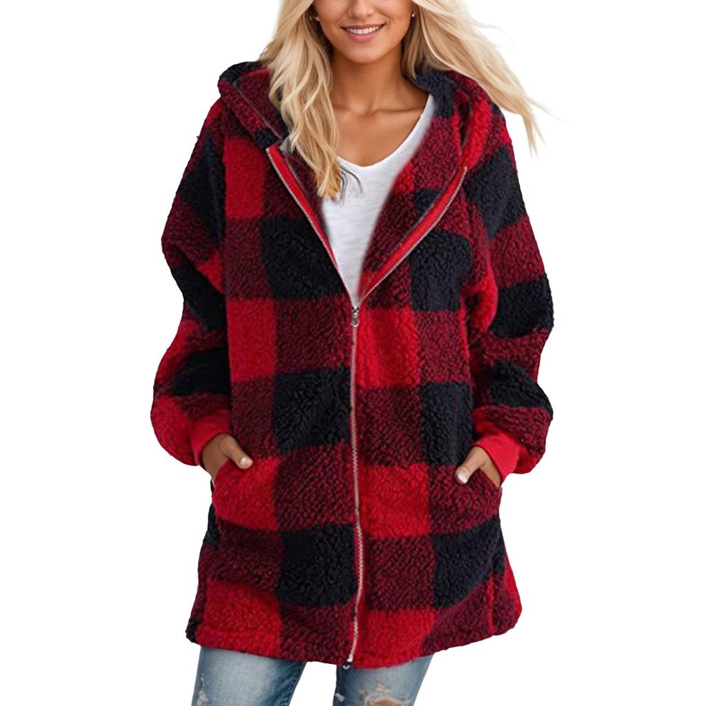 Women's Casual Plush Long Sleeve Plaid Hooded Zipper With Pocket Loose Coat