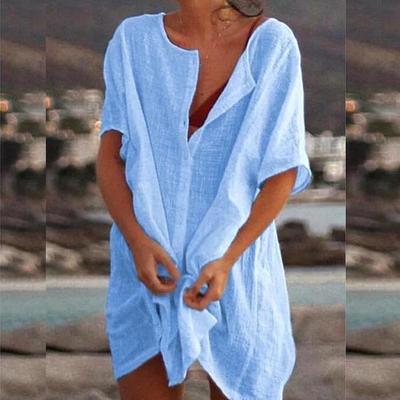 S-8XL Плюс Размер Модная Летняя Женская Повседневная Пляжная Одежда Купальники Прикрытие Льняное Платье Свободное Платье С Коротким Рукавом Глубокий V-образным Вырезом Сплошной Цвет Мини-Платье