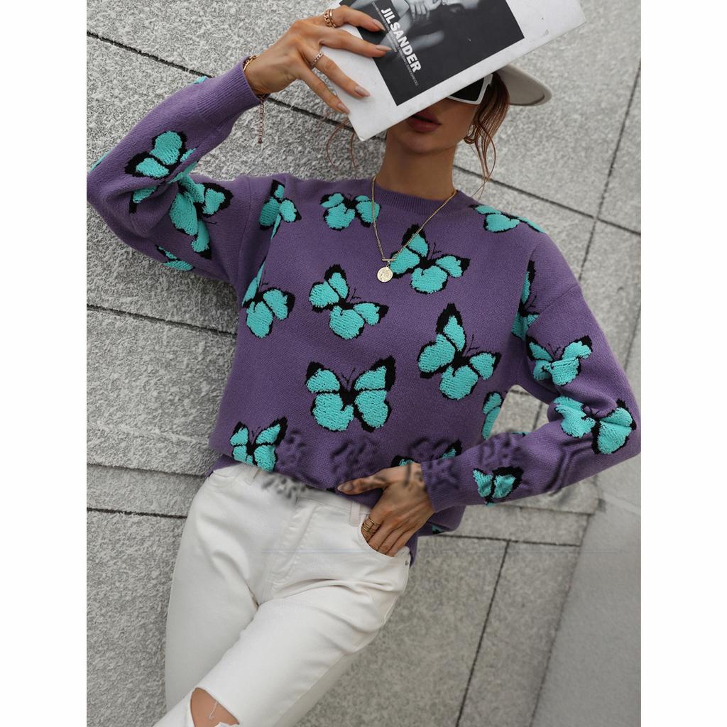 2024 Осень-Зима Европейский И Американский Печатный Бабочка Круглый Вырез Женский Свободный Плюс Размер Вязаный Свитер Пуловер Свитер