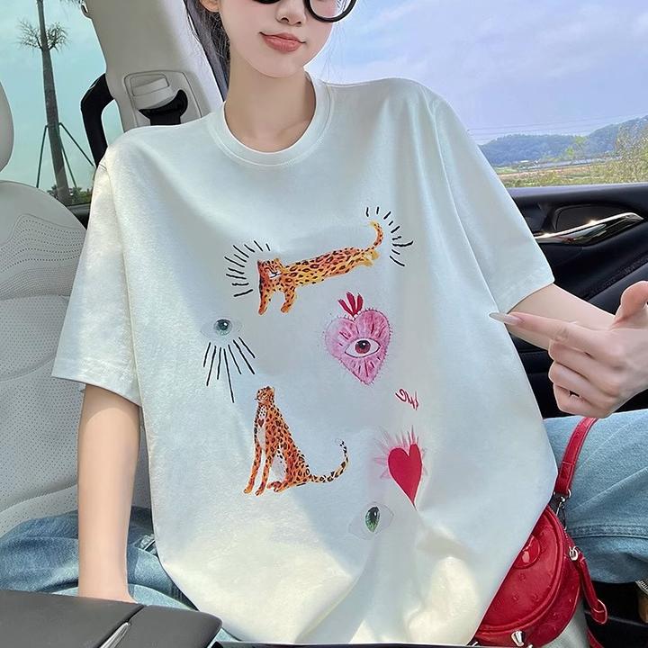 Summer Pure Cotton Casual Oversized T Shirt Women's Streetwear Harajuku Large Size Funny Cartoon Print Short Sleeve T-shirts for Women White Y2k Tops
