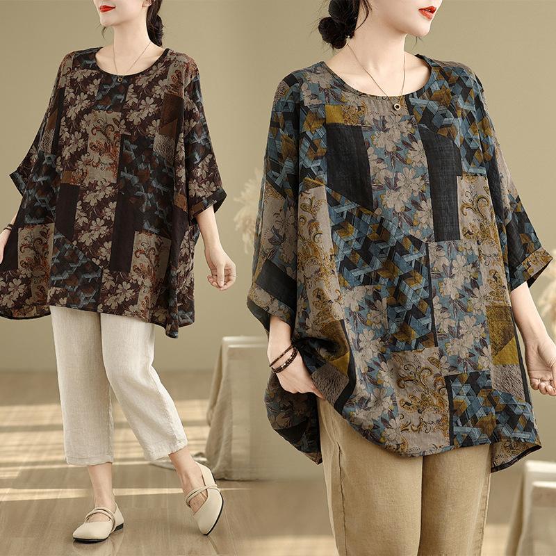 Летняя свободная футболка с круглым вырезом и рукавом три четверти