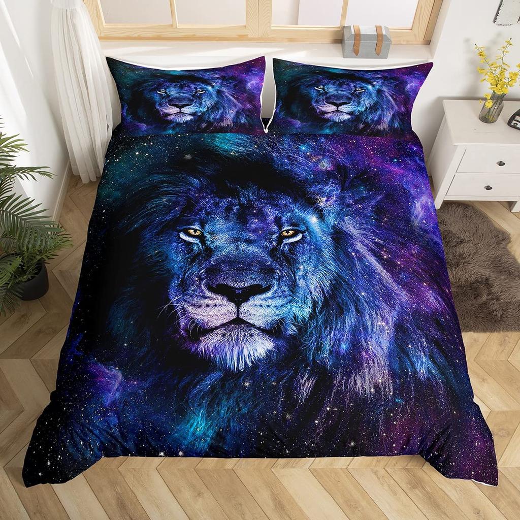 Lion Rose Duvet Cover Sets King Size Animal Floral Print Polyester Comforter Cover Nature Theme Bedding Set for Kids Adult Teens