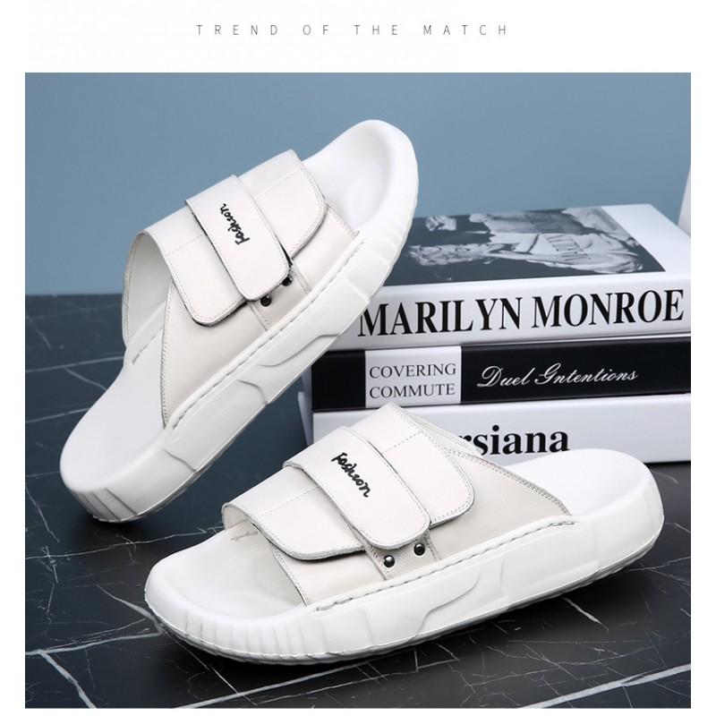 Mens Genuine Leather Slide Sandals Outdoor Slip-On Flat Shoes With Non-Slip Sole