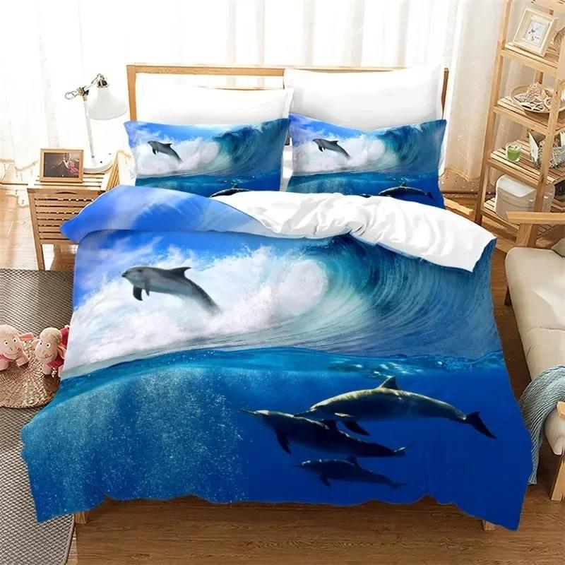 Dolphin Ocean Animal Bedding Set Boys Girls Twin Queen Size Duvet Cover Pillowcase Bed Boys Adult Home Textileextile