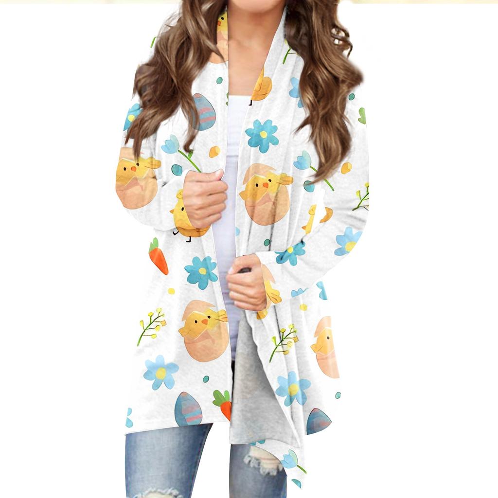Женский кардиган с пасхальным принтом и длинными рукавами спереди, легкая куртка с принтом
