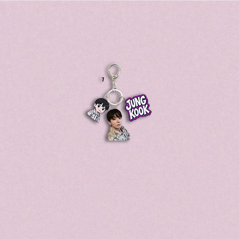 Двойной брелок BTS с персонажем + мультяшным, Акриловый брелок в стиле участника, Брелок-подвеска с мерчем знаменитости