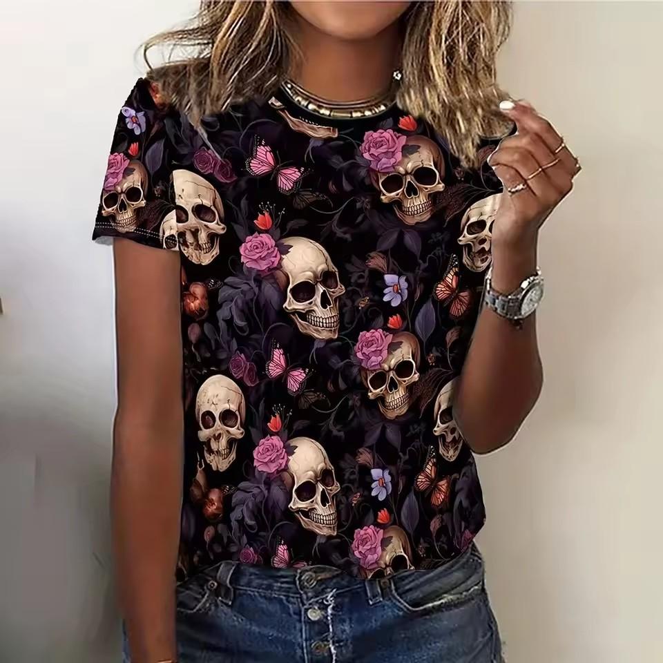 Футболка в готическом стиле больших размеров для женщин с 3D-принтом в виде фигур, черепов и цветов, с круглым вырезом и коротким рукавом, слегка эластичная футболка для женщин в уличном стиле