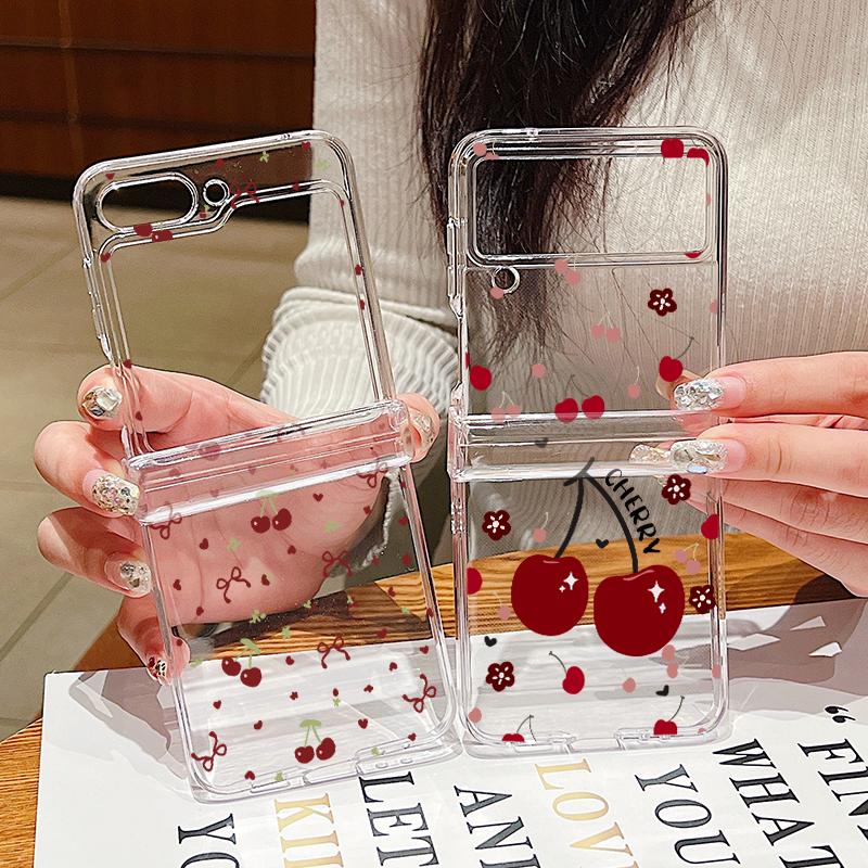 For Samsung Galaxy Z Flip6 Flip5 Flip4 Flip3 3PCS Folding Bowknot Cherry Pattern Transparent Hard Plastic Slim Phone Case Cover