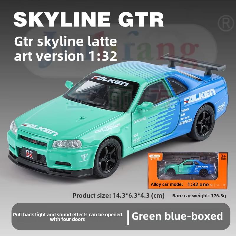 New 1:32 GTR R34 Low Lying Sports Car Alloy Die-cast Toy Car Metal Toy Car Model Sound and Light Pull Back Collection Children's Toy Gift
