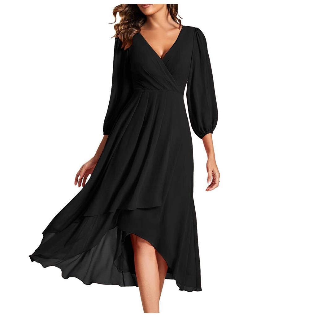 Women's Fashion V-Neck Long Sleeve Loose Slim Evening Casual Chiffon Dresses