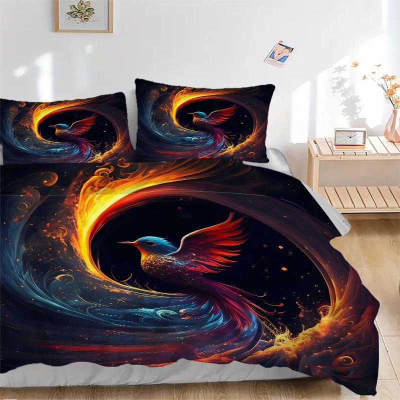 3pcs Phoenix Rising Pattern Bedding Three-Piece Set (1 Cover + 2 Pillowcases, No Fillings), This Printed Bedding Set Is Soft and Comfortable, Sui
