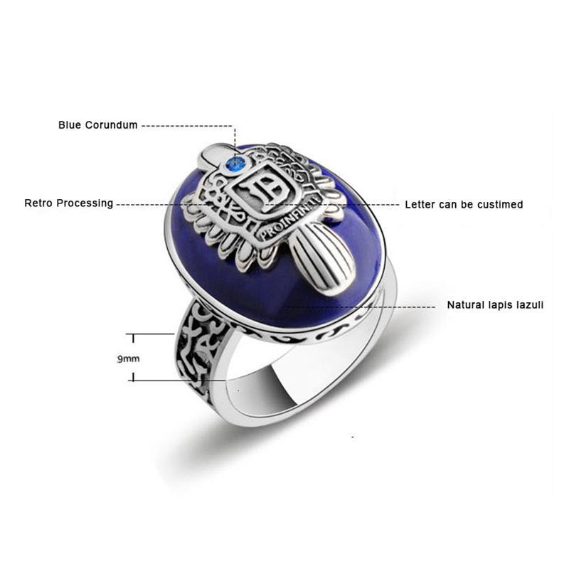 The Vampire Diaries Rings Real 925 Sterling Silver Rings for Men with Lapis Lazuli Natural Stone Jewelry