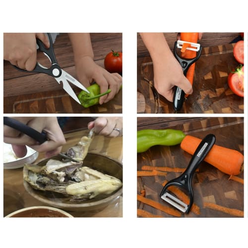 Utaki Stainless Steel Kitchen Knife Set: Santoku, Vegetable Knife, Sashimi Knife, Petty Knife, Scissors, and Peeler. A great value 6-piece set!