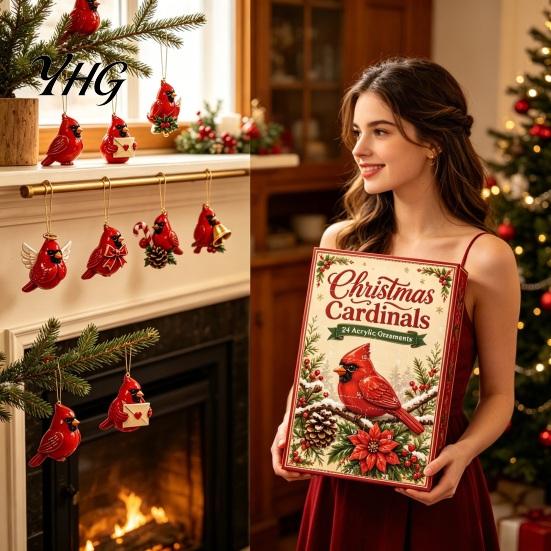 Christmas Party Gift Red Bird Advent Calendar, 24-Day Countdown Set with Holiday Toy Ornaments, 2D Acrylic Tree Hanging Decor, for