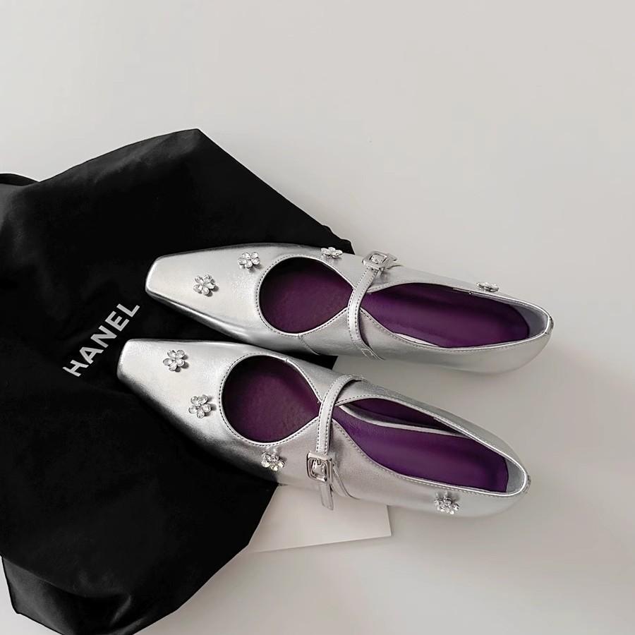 Sheepskin Version~ French Rhinestone Flower Inner Height Increase Small Square Head Light Mouth Single Shoes Women's Word with Silver Mary Jane Shoes