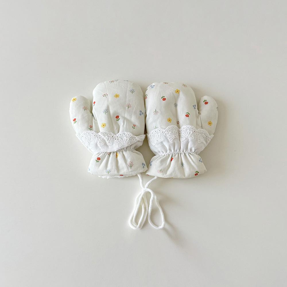 Fashion Baby Mittens Cute Floral Print Lace Winter Mittens for Girl Warm Plush Lined Thermal Toddler Kids Mittens