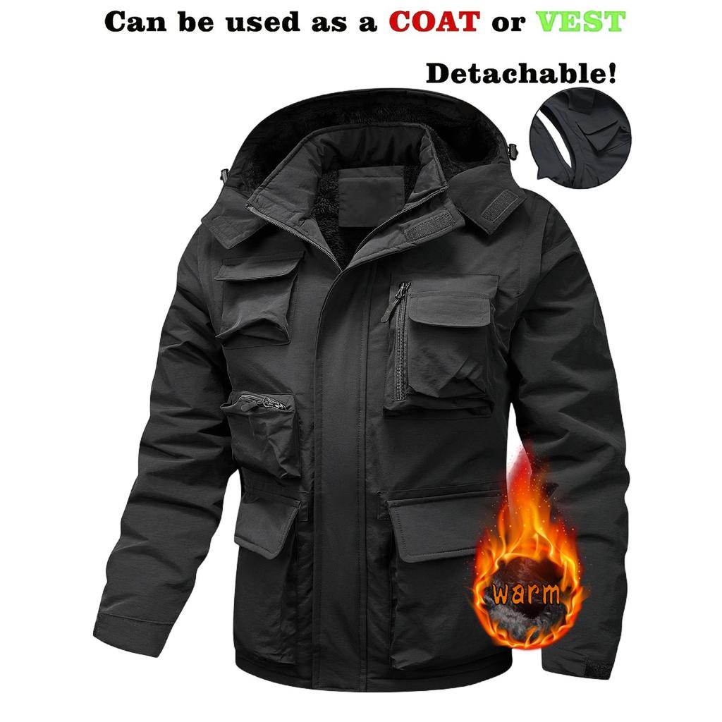 Men's Solid Color Detachable Outdoor Workwear Casual Loose Zipper Pocket Plush Long Sleeve Jacket