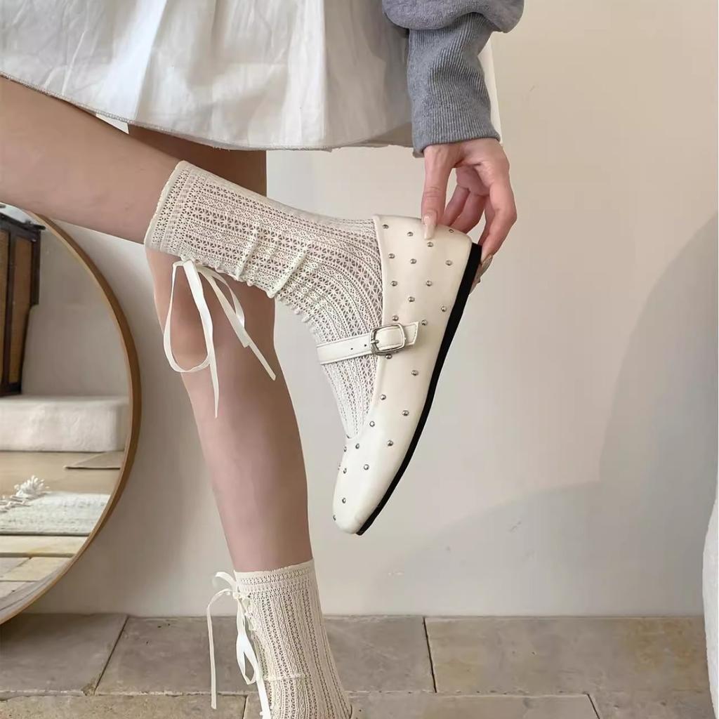 Inner Heightening Version~ Retro Gypsy Star Riveted Ballet Single Shoes Women's Spring and Autumn One-word Buckle with Shallow Mouth Mary Jane Shoes