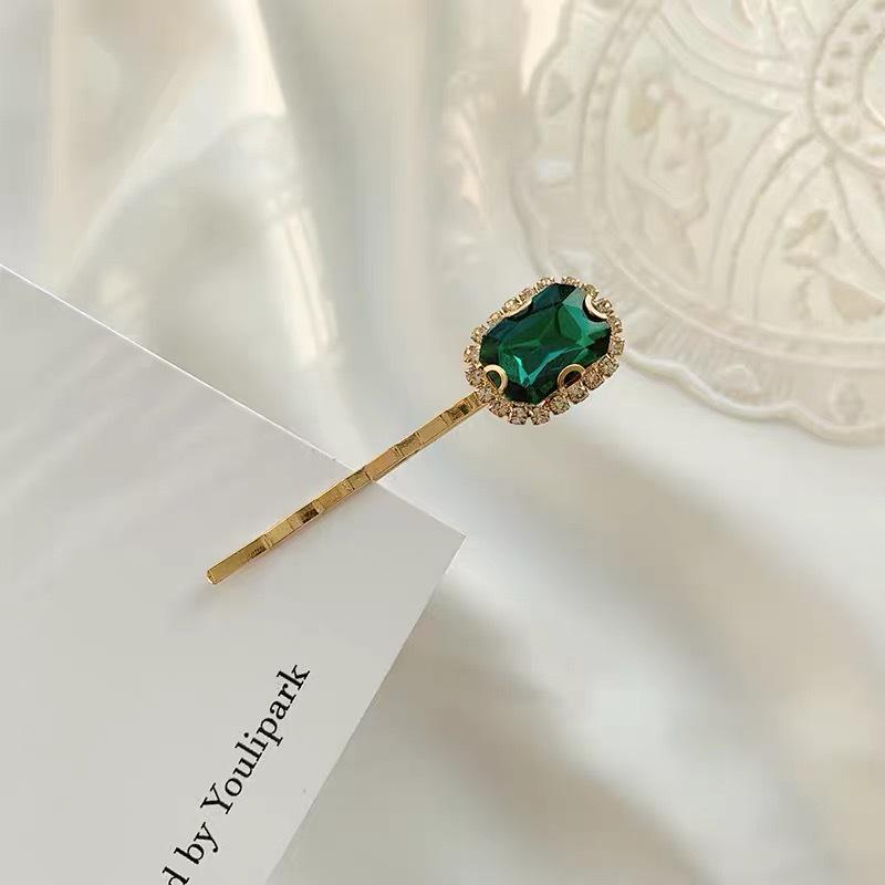 Emerald Rhinestone Retro Hair Clip for Women - Versatile, Elegant One-Word Hairpin for Bangs