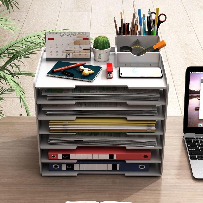 File Storage Box Multi-Layer Bookshelf Office Supplies File Box with Pen Holder Book Stand Shelf A4 Desktop File Shelf
