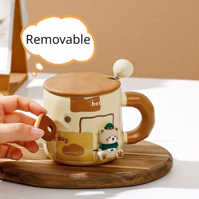 Кружка Honey Bear из утолщенной керамики с крышкой и ложкой, кофейная чашка, 3D магнитная съемная адсорбционная вешалка, посуда для питья