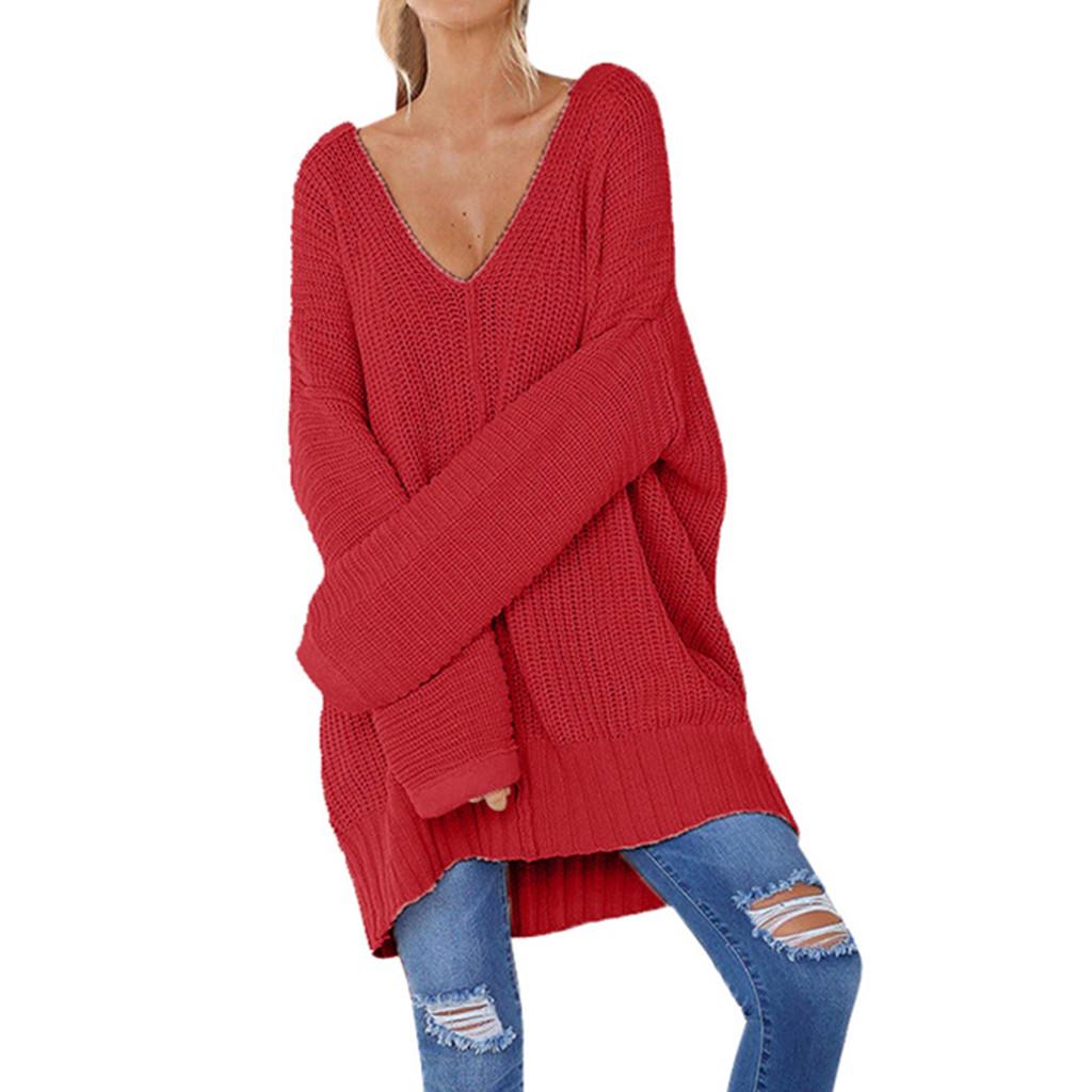 Fashion Women Casual Solid Long Sleeve Jumper V-Neck Lazy Loose Sweater Blouse
