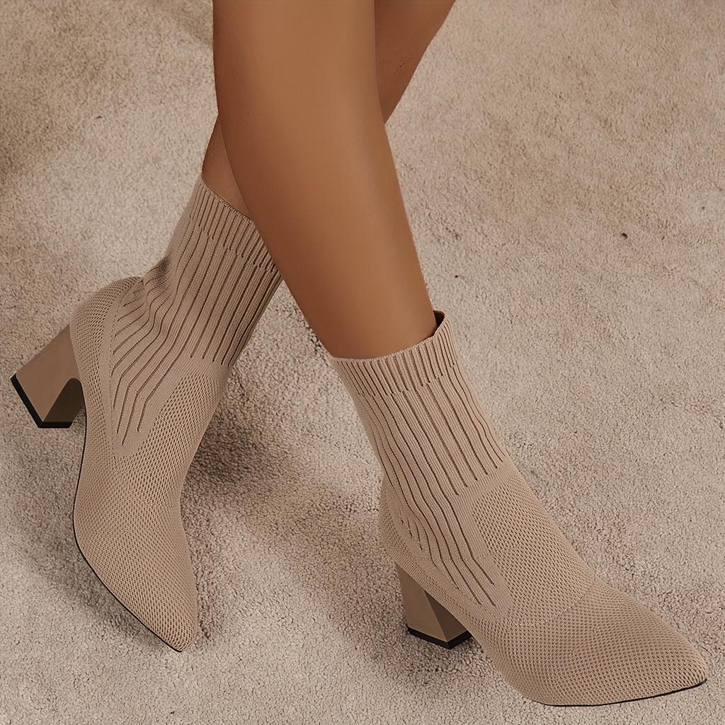 Women's Autumn and Winter New Korean Version of Flying Woven Thick Heel Booties Pointed Elastic Socks Boots High Heel Fashion Boots
