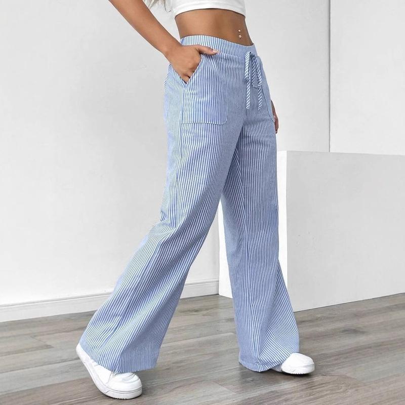 Women's Striped Wide Leg Pants Drawstring Waist Loose Fit Casual Trousers