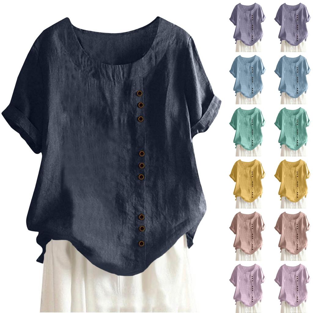 Women's Fashion Casual Solid Color Round Neck Short Sleeve Cotton Linen T-Shirt Top