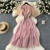 Summer Women Pink Sequined Lace Mesh Patchwork Sweet Long Midi Party Dresses