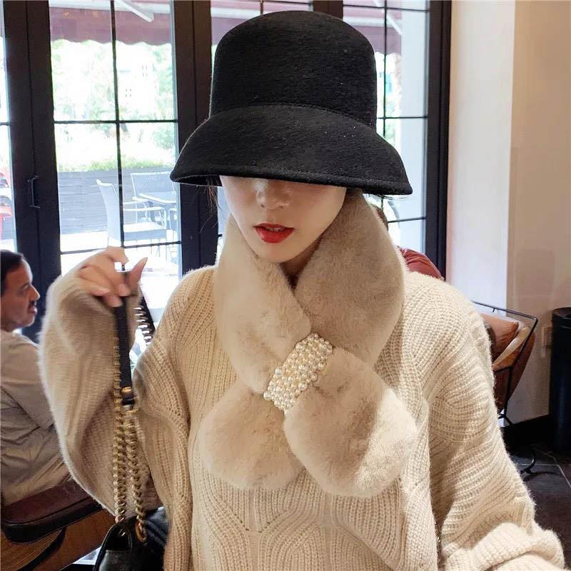 Women Winter Net Red Thicken Solid Color Faux Rabbit Fur Plush Cross Collar Scarf Shawl