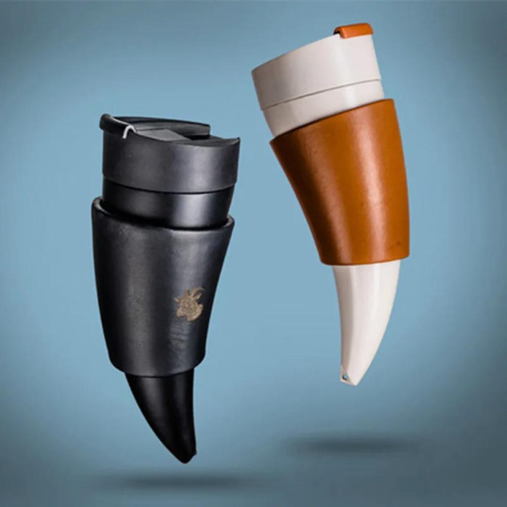 Faux Leather Strap Goat Horns Coffee Mug 230ml Water Bottle Portable Drinking Cup  Student